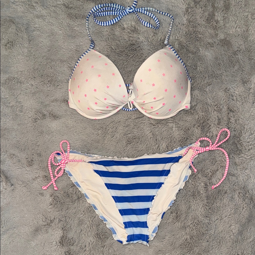 Victoria's Secret Pink Stars Blue Stripes Cream Base 4th of July Red White